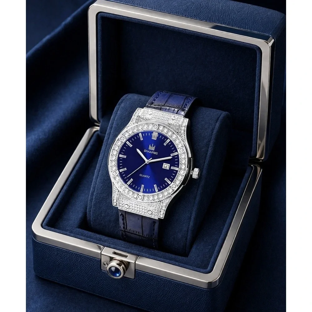 Shaarms Mens Quartz Watch Blue Dial Crystal‎ Bezel Leather Strap Date New